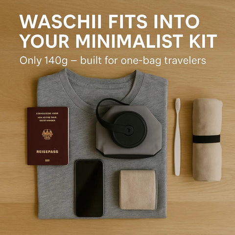 No Sweat Pocket Size Manual Travel Clothes Washer For Camping And Vanlife Lightweight Portable Mini Hand Wash Kit Eco Friendly Essentials Gear Clean Up Pack Light Wash Anywhere flat lay with travel essentials, including a shirt, passport, phone, and washer.