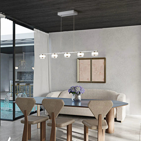 5 Light LED Pendant Chandelier for Kitchen Island, Dimmable Modern Fixture over dining table, interior view, farmhouse style