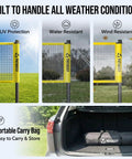 Backyard Badminton Set With Pro Grade Net, 4 Rackets, Shuttlecocks And Carrying Bag In Yellow For Durable Outdoor Play, High Tension Net That Resists Sagging And Sun Damage For Serious Fun shown in trunk and on grass.