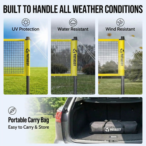 Backyard Badminton Set With Pro Grade Net, 4 Rackets, Shuttlecocks And Carrying Bag In Yellow For Durable Outdoor Play, High Tension Net That Resists Sagging And Sun Damage For Serious Fun shown in trunk and on grass.
