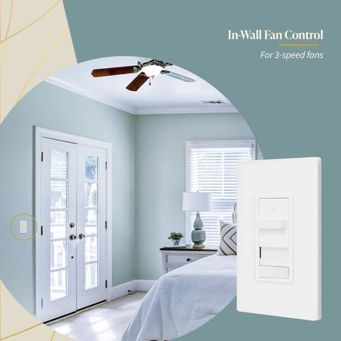 All In One Wall Light And Three Speed Ceiling Fan Control Combo With Slider, white finish, in modern bedroom setting