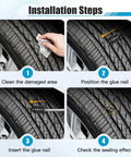 Installation steps showing use of 90 Piece Tire Repair Kit With 3 Size Screws Rubber Nails Valve Stems Pliers And Gloves Beefed Up