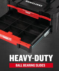 Heavy Duty Plastic Tool Box With Drawers And Stackable Organizer System showing open drawer with removable dividers