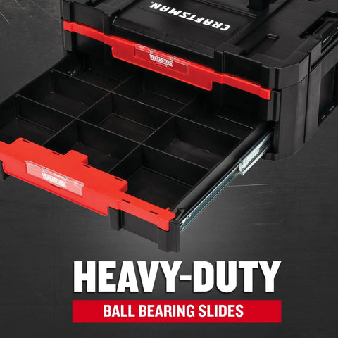 Heavy Duty Plastic Tool Box With Drawers And Stackable Organizer System showing open drawer with removable dividers