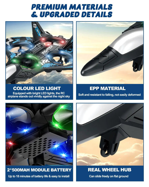 Kids Drone For Remote Control Plane With LED Lights, Easy To Fly, showing LED lights, EPP material, battery, and wheel hub details.
