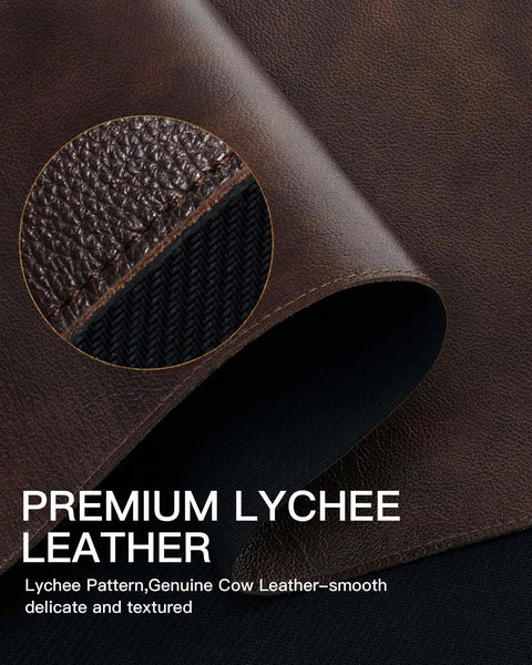 Close-up view of Genuine Leather Desk Pad For Office 31.5 By 15.8 Inches Thick Premium Table Mat with stitched edge detail.