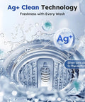 Ag+ Clean Technology image showing silver ions for freshness in a compact portable washing machine with washing action.