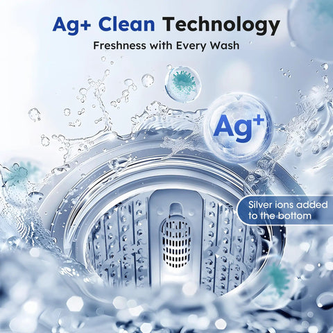 Ag+ Clean Technology image showing silver ions for freshness in a compact portable washing machine with washing action.