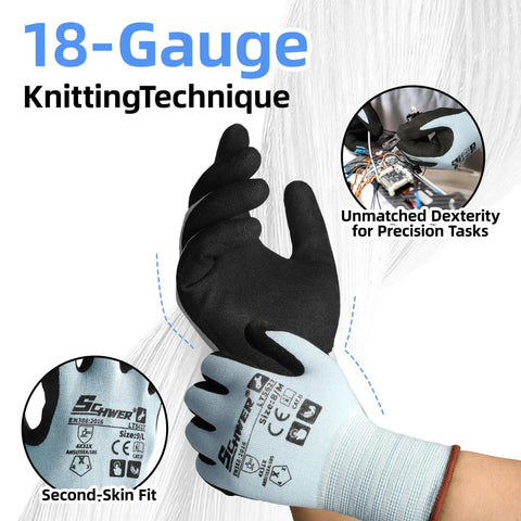 Close-up of Six Pairs Heavy Duty Work Gloves With Sandy Nitrile Coating showing 18-gauge knitting technique and second-skin fit.