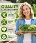 Smiling woman holding a tray of fresh sprouts with text highlighting organic, gluten-free, vegan, and non-GMO quality alfalfa seeds.