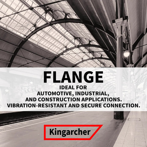Train station platform with roof structure, highlighted advertisement about flange use for automotive and industrial applications.