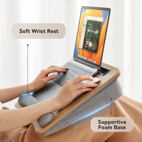 Portable Laptop Lap Desk With Pillow Cushion, Fits Up To 15.6 Inch Laptops, Anti Slip Strip shown with laptop in use on couch
