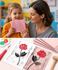 Mother and child with All In One Linocut Printmaking Kit With 5 Soft 4x6 Blocks Carving Knife Brayer And 20 Transfer Papers