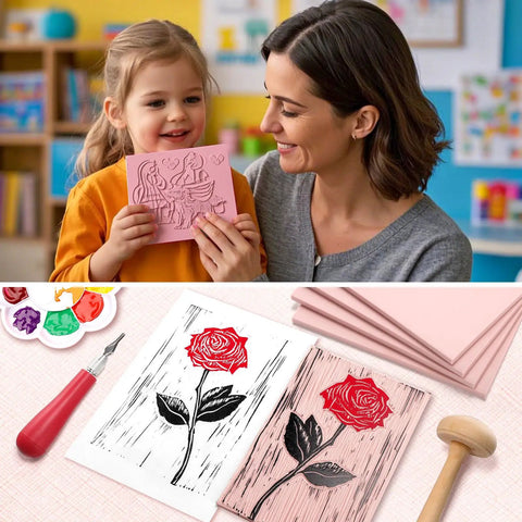 Mother and child with All In One Linocut Printmaking Kit With 5 Soft 4x6 Blocks Carving Knife Brayer And 20 Transfer Papers