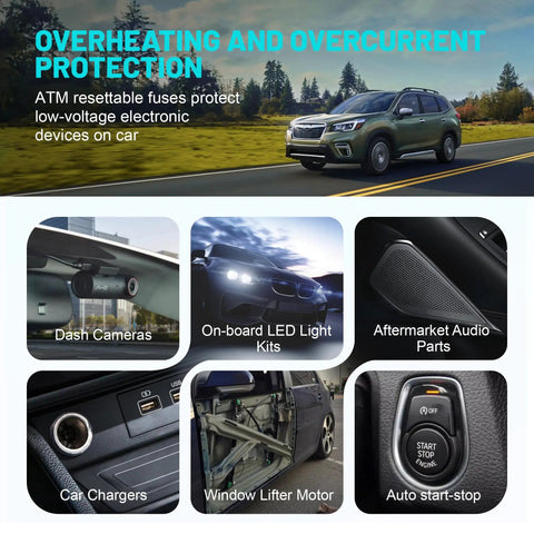 No Fuss Road Ready ATM Manual Reset Fuse Kit With Low Profile Mini Blade for car safety devices including dash cameras and chargers.