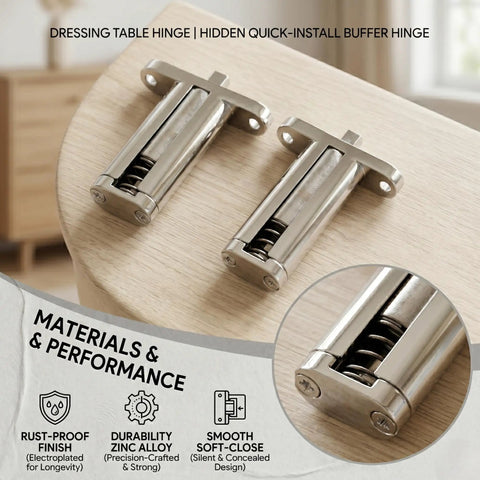 Soft Close Drop Down Vanity Hinge With Quick Release, Concealed Cabinet Hardware for Makeup Tables, zinc alloy, close-up