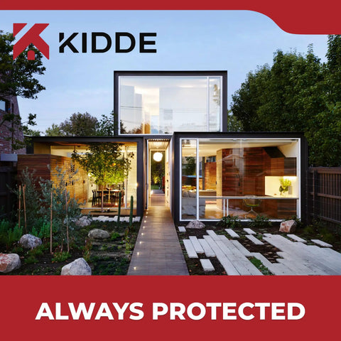 Modern glass house surrounded by trees with the Kidde logo and tagline 'Always Protected' at the top and bottom.