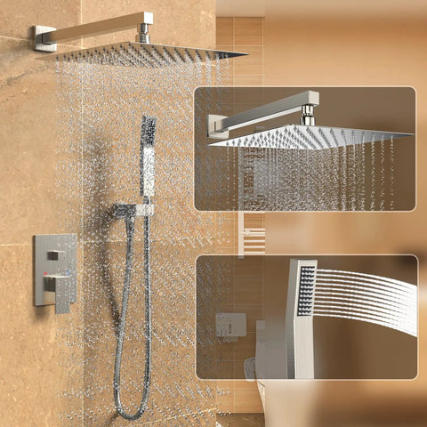Wall Mounted 10 Inch Rain Shower System With Overhead Showerhead, Luxury Rainfall Shower Combo Set Plus Handheld Spray, Brushed Nickel