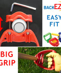 Back Saver Tool Handle Attachment For Shovels And Rakes, Ergonomic Offset Grip in red with hex key and color options, in use