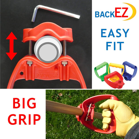 Back Saver Tool Handle Attachment For Shovels And Rakes, Ergonomic Offset Grip in red with hex key and color options, in use