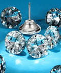 Top Notch Crystal Upholstery Tacks Set Of 60 Dope Diamond Furniture Buttons Clean Silver on blue background, metal and glass.