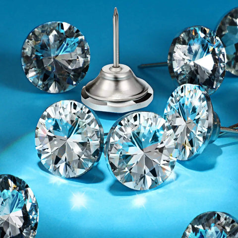 Top Notch Crystal Upholstery Tacks Set Of 60 Dope Diamond Furniture Buttons Clean Silver on blue background, metal and glass.