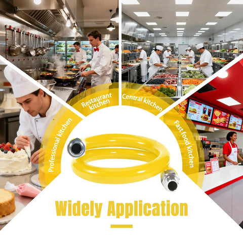 Heavy Duty Beefed Up Three Quarter Inch Gas Line Hose Kit with different kitchen scenes and yellow hose in center