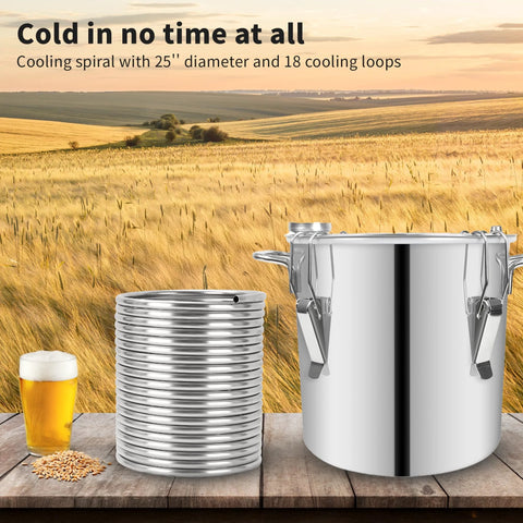 Front view: wort chiller coil, 3/8 in, 50 ft, stainless steel, coiled beside a brewing kettle on a wooden table