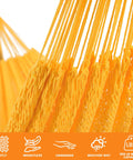 Close-up of hand-woven ropes on Extra Large Mayan Hammock With Soft Rope Comfort, yellow, 156 Inch Wide Outdoor Swing Bed.
