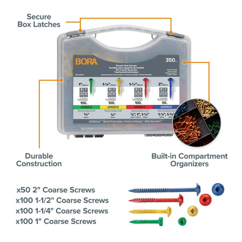 Pocket Hole Screw Kit With Color Coat Self Tapping Coarse Thread Wood Screws, organized in box with various sizes.