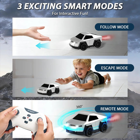 Three smart modes of Cyber Inspired Remote Control Car With 360 Drift Spray Lights And Sound Effects shown in action with child and remote.