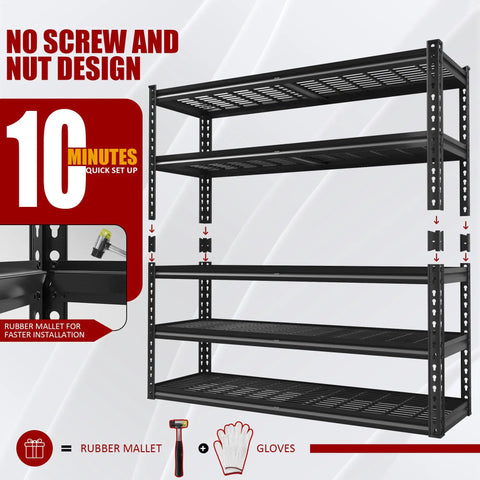 48 Inch Wide Heavy Duty Garage Shelving 5 Tier Storage Rack With Double Column Design For Maximum Stability And 3030 Lbs Load Capacity Ideal For Garage Organization And Heavy Tools Beefy Steel Construction Easy Assembly, no-screw setup