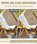 Before and after comparison of a chair repaired with Premium Heavy Duty Canvas Repair Patches Four Piece Self Adhesive Waterproof Fabric Tape With Tough As Nails Adhesion For Boat Covers Awnings Sofas Tents And Bags Black.