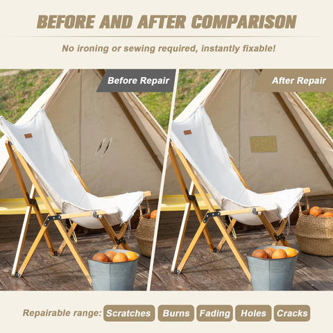 Before and after comparison of a chair repaired with Premium Heavy Duty Canvas Repair Patches Four Piece Self Adhesive Waterproof Fabric Tape With Tough As Nails Adhesion For Boat Covers Awnings Sofas Tents And Bags Black.
