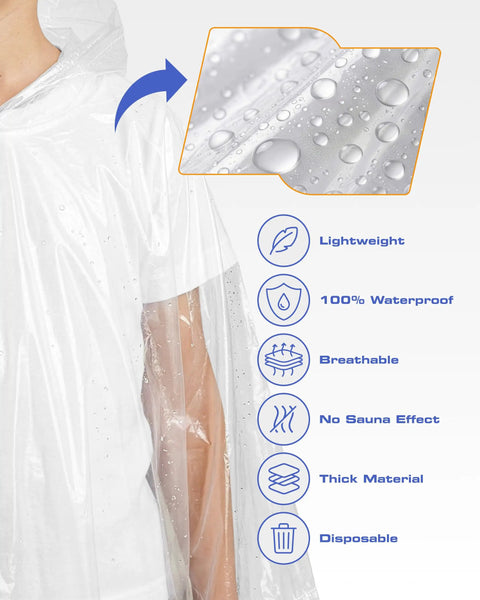 Disposable Rain Ponchos For Adults 5 Pack Stay Dry On The Go No Sweat With Full 48 Inch By 40 Inch Coverage And Secure Hood Ideal
