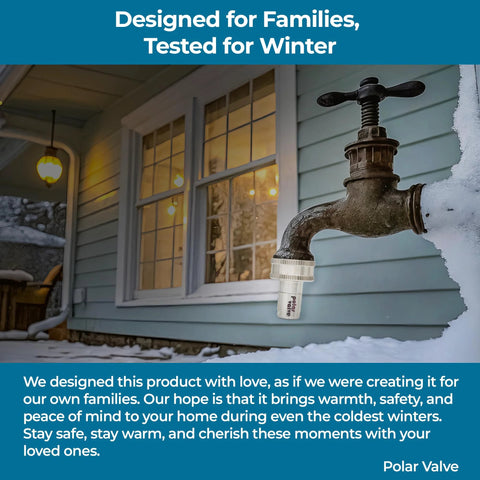 Polar Valve outdoor faucet installed on exterior wall with white temperature-control attachment in snow