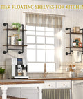 Heavy Duty Two Tier Industrial Pipe Wall Shelves With Rustic Wood And Vintage Towel Bar Straight Up Awesome Go To Storage Option For Bathroom And Farmhouse Living Room Decor in a kitchen setting with decorations.