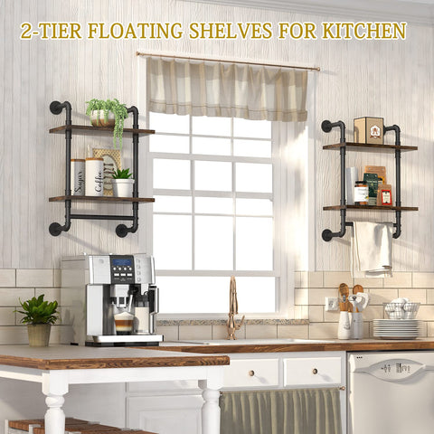 Heavy Duty Two Tier Industrial Pipe Wall Shelves With Rustic Wood And Vintage Towel Bar Straight Up Awesome Go To Storage Option For Bathroom And Farmhouse Living Room Decor in a kitchen setting with decorations.