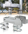 Double Gate Latch For Chain Link Fence 1 3 Eighth Inch Gate Frames, Strong Arm Design, shown in silvery finish with padlock holes.