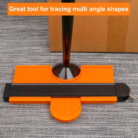 10 Inch Contour Gauge Duplicator With Lock for Quick Layouts and Precise Fitting on a table with a metal pipe.
