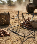 Heavy Duty Welded Steel Yam Bundling Rack Straight Up Sturdy Farm Crop Organizer For Field Harvest Storage beside tied yam bundles.