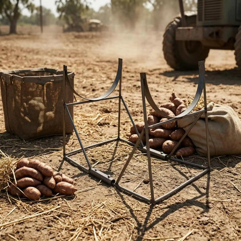 Heavy Duty Welded Steel Yam Bundling Rack Straight Up Sturdy Farm Crop Organizer For Field Harvest Storage beside tied yam bundles.