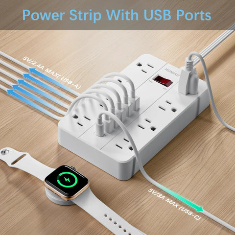 Flat Plug Power Strip With USB Charging Ports, 8 Widely Spaced Outlets And 6 USB Ports Including 1 USB C Port, 5 Foot Extension Cord, Desk Charging Station For Home Office And Gaming Setups, White on wood desk