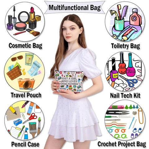Woman holding Geocaching Makeup Bag Gift For Her Just A Girl Who Loves Geocaching Outdoor Lover Organizer Bag, multifunctional use