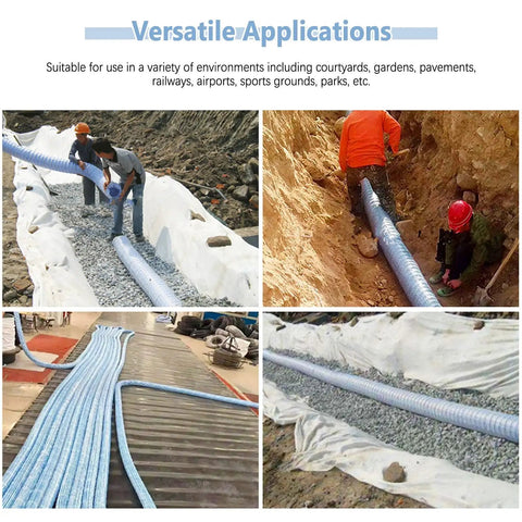 Blue Flex Drain Pipe With Nonwoven Filter Debris Mesh Flexible Land Drainage Tube in garden installation and varied applications.
