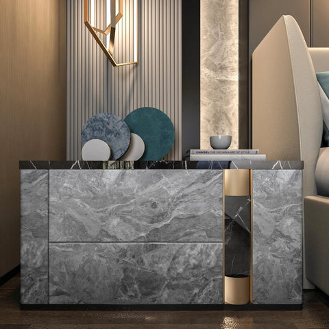 Gray Marble Look Contact Paper Peel And Stick Countertop Wrap on modern cabinet with decorative discs and books.