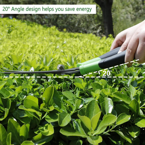 Hedge Clippers With Teflon Coated High Carbon Steel Blades Lightweight 16 Inch Garden Shears with ergonomic handles trimming hedge at 20° angle