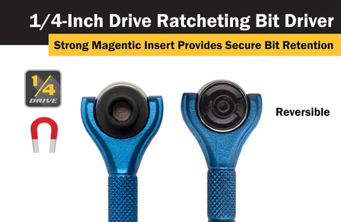 Compact One Quarter Inch Drive Swivel Head Micro Ratcheting Bit Driver With Ninety Tooth Mechanism, blue aluminum handle, reversible.