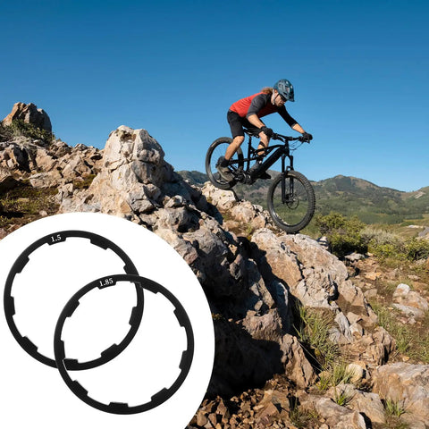Eight Piece Bike Headset Spacers Set For Road And Mountain Bikes Aluminum Alloy Washers With Seven Sizes shown during rocky ride