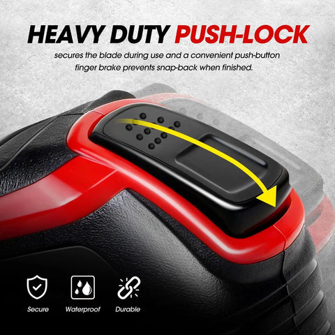 Close-up of the Contractor Grade Open Reel Fiberglass Tape Measure Kit 330 Ft With Half Inch Tape showing heavy duty push-lock mechanism.